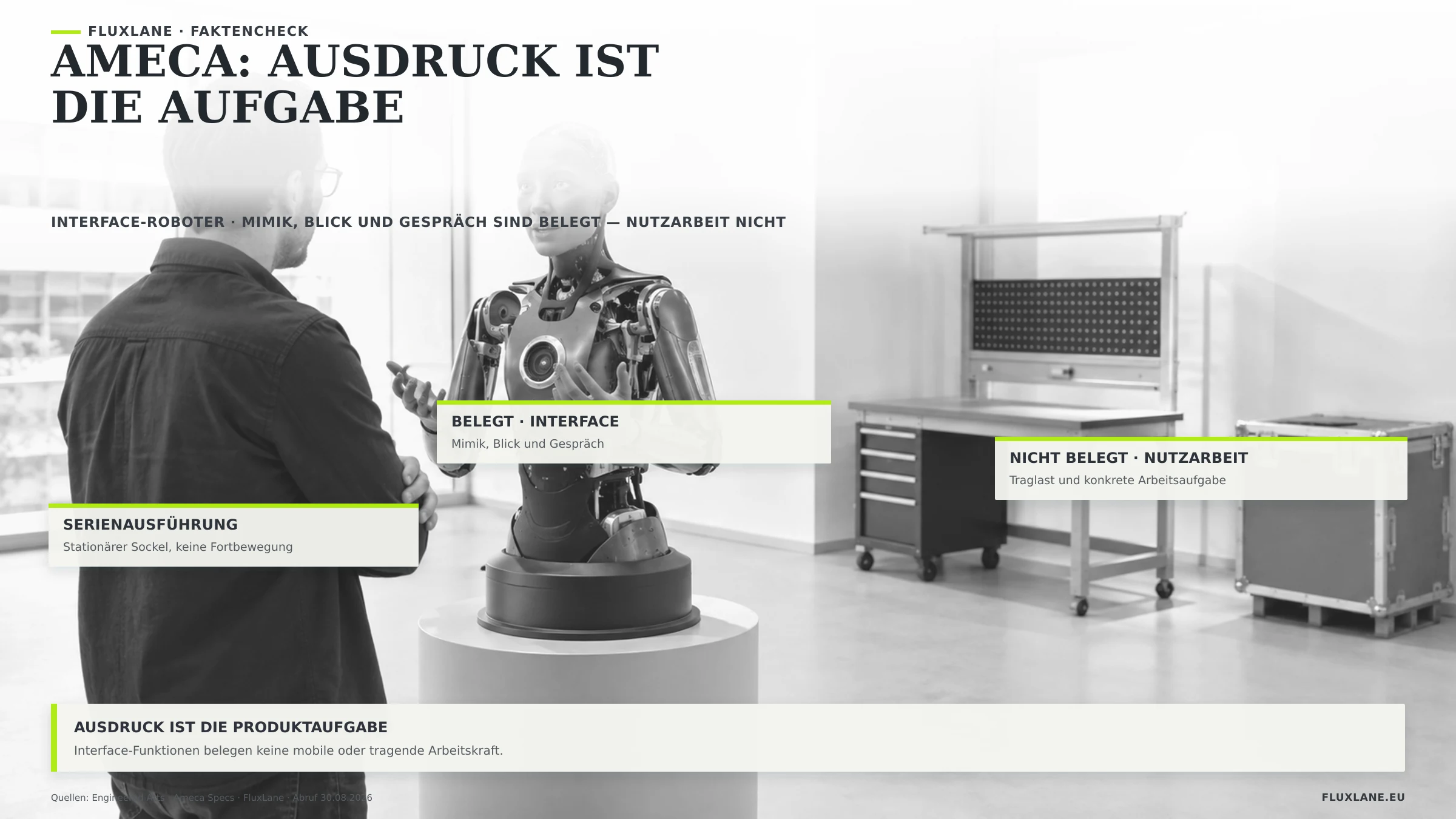 Sehr helle Robotik-Demonstrationsszene: Ein ausdrucksstarker Humanoid auf einem klar sichtbaren stationären Sockel spricht gestikulierend mit einem Besucher; ein ungenutzter Arbeitstisch und eine Transportkiste markieren die nicht belegte Nutzarbeit.