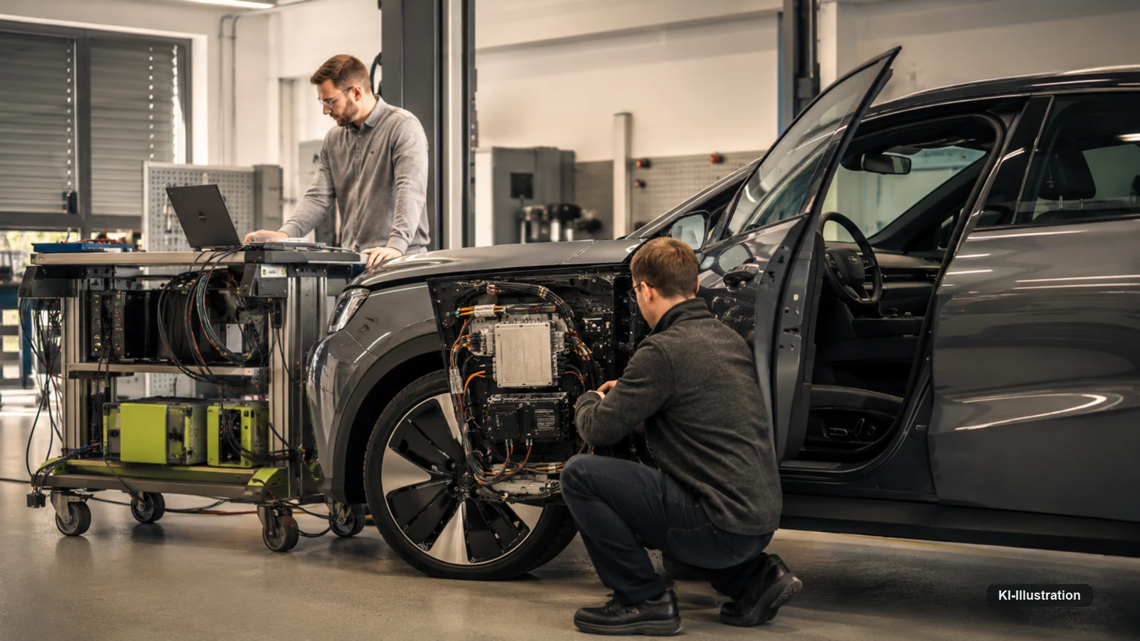 Zwei Personen arbeiten in einem Fahrzeuglabor an einem dunkelgrauen Auto mit offener Fahrertür und freigelegter Elektronik am vorderen Radkasten; daneben steht ein Rollwagen mit Laptop, Kabelbäumen und Messmodulen, die mit dem Fahrzeug verbunden sind.