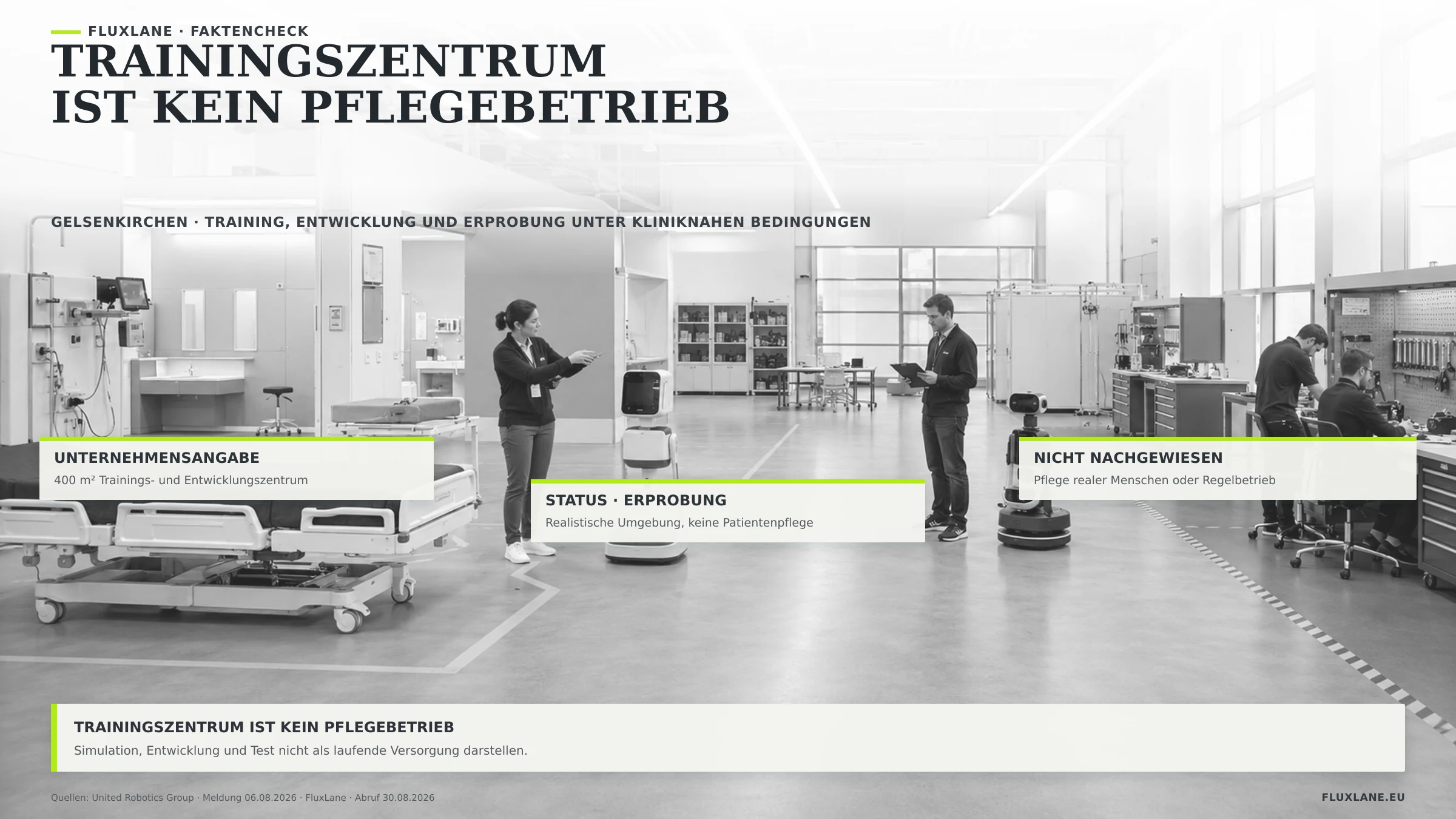 Weite sehr helle Robotik-Trainingshalle mit leerem Übungsbett, Werkbänken und zwei getesteten Servicerobotern; Ingenieure und eine Instruktorin arbeiten in der Simulation, reale Patienten fehlen bewusst.