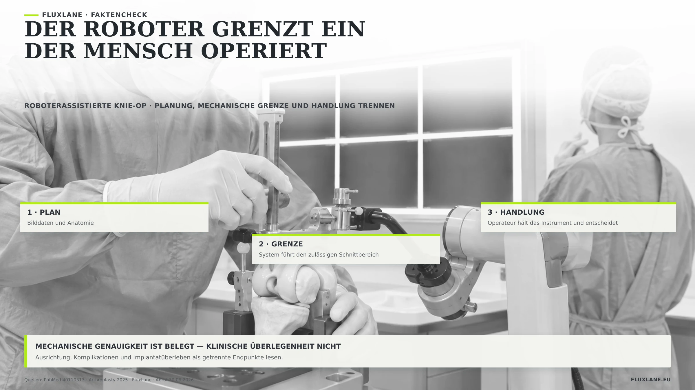 Der Roboter grenzt ein – der Mensch operiert Sehr helle neutrale OP-Simulation: Bildplanung im Hintergrund, ein kompaktes Führungssystem am anatomischen Kniemodell und der Operateur, der das Instrument selbst hält und entscheidet.
