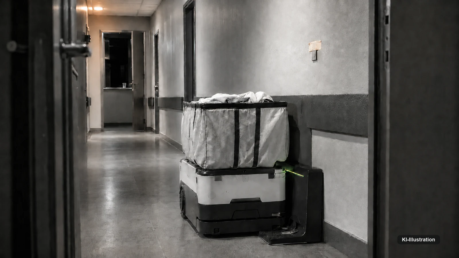 Transportroboter mit halb eingeräumtem Wäschebehälter an seiner Ladestation in einem nächtlichen Versorgungsgang, aufgenommen durch einen Türspalt.