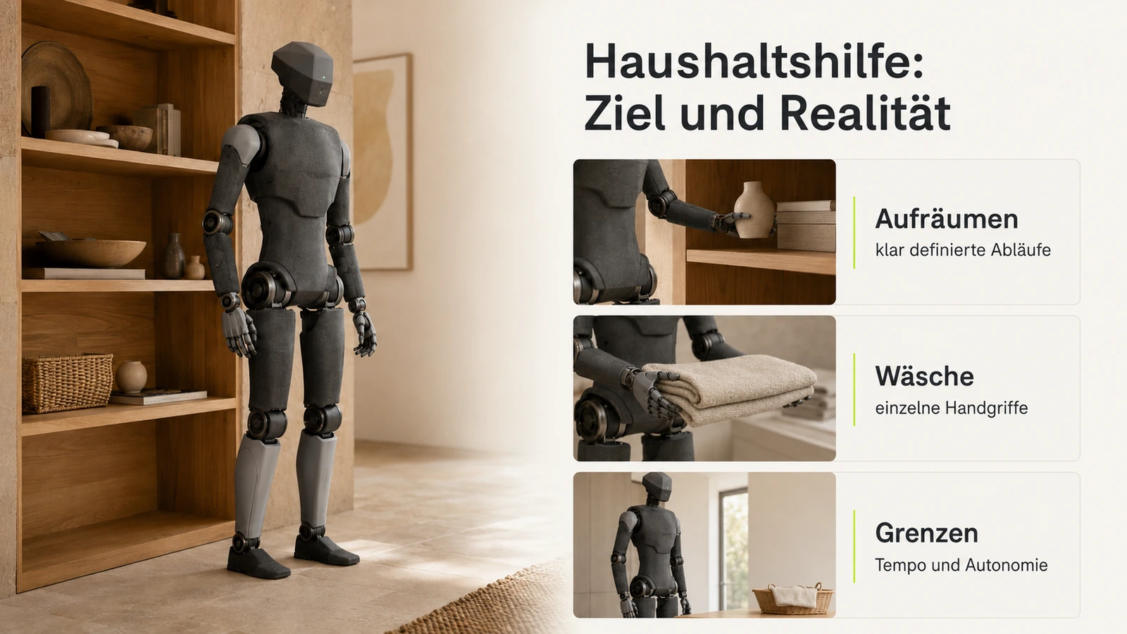 Stoffummantelter Roboterarm greift behutsam eine Tasse, leiser Alltagshelfer wie der 1X NEO