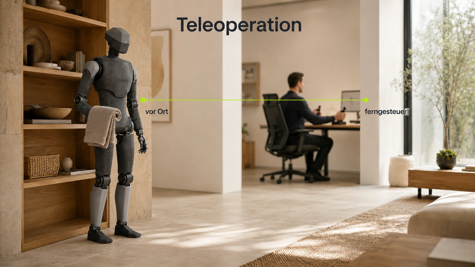 Im Hintergrund steuert eine Person den NEO-ähnlichen Roboter per Tablet, Andeutung Teleoperation