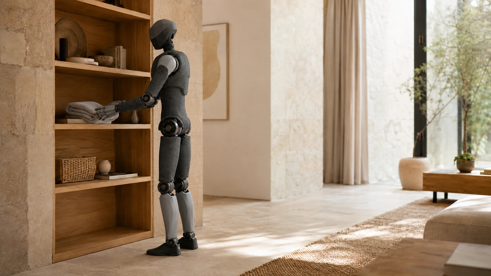 Haushalts-Humanoid räumt ein Regal ein, ruhiger häuslicher Alltag