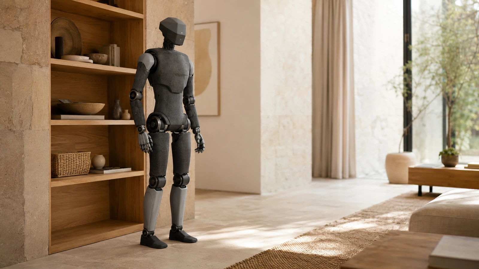 Weich ummantelter Haushalts-Humanoid im Stil des 1X NEO steht im warmen Wohnzimmerlicht