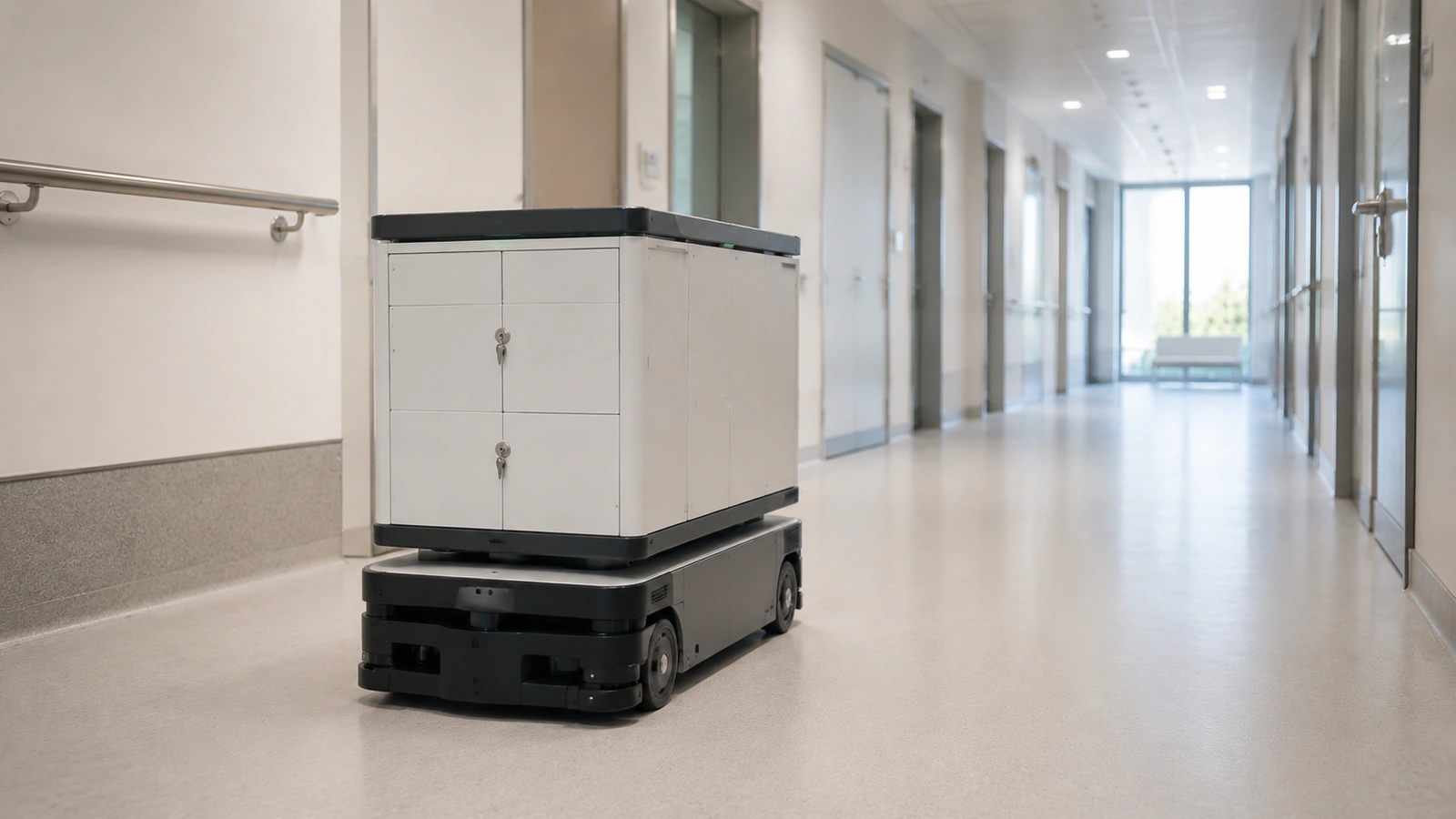 Autonomer Transportroboter mit abschließbaren Fächern fährt über einen hellen Krankenhausflur.