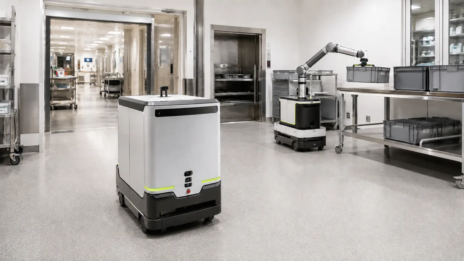 Geschlossener Transportroboter neben einem Serviceroboter mit Greifarm in einer Klinikumgebung.
