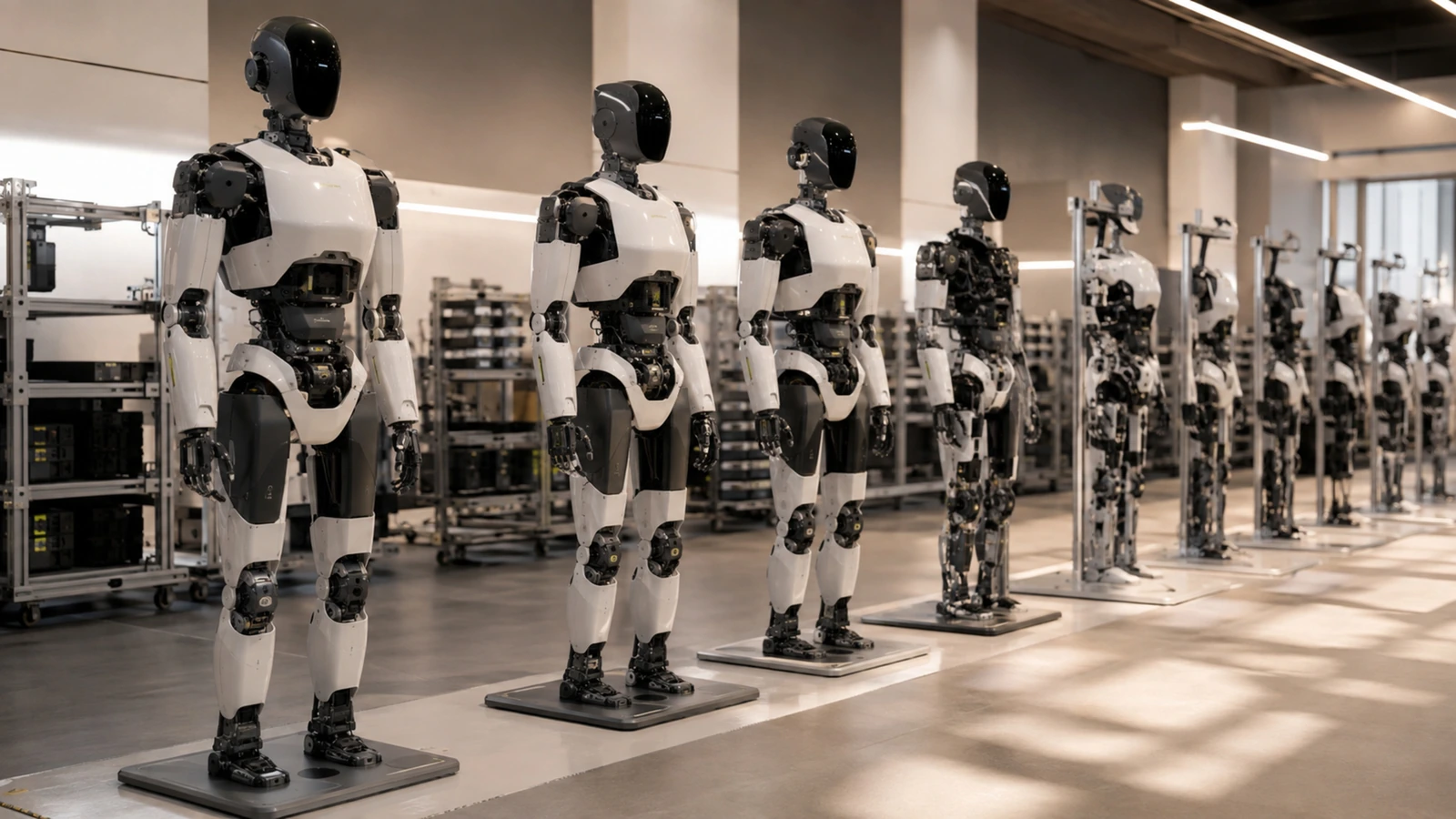 Reihe gleichartiger humanoider Roboter in einer Showroom-Szene deutet Serienfertigung und Skalierung an