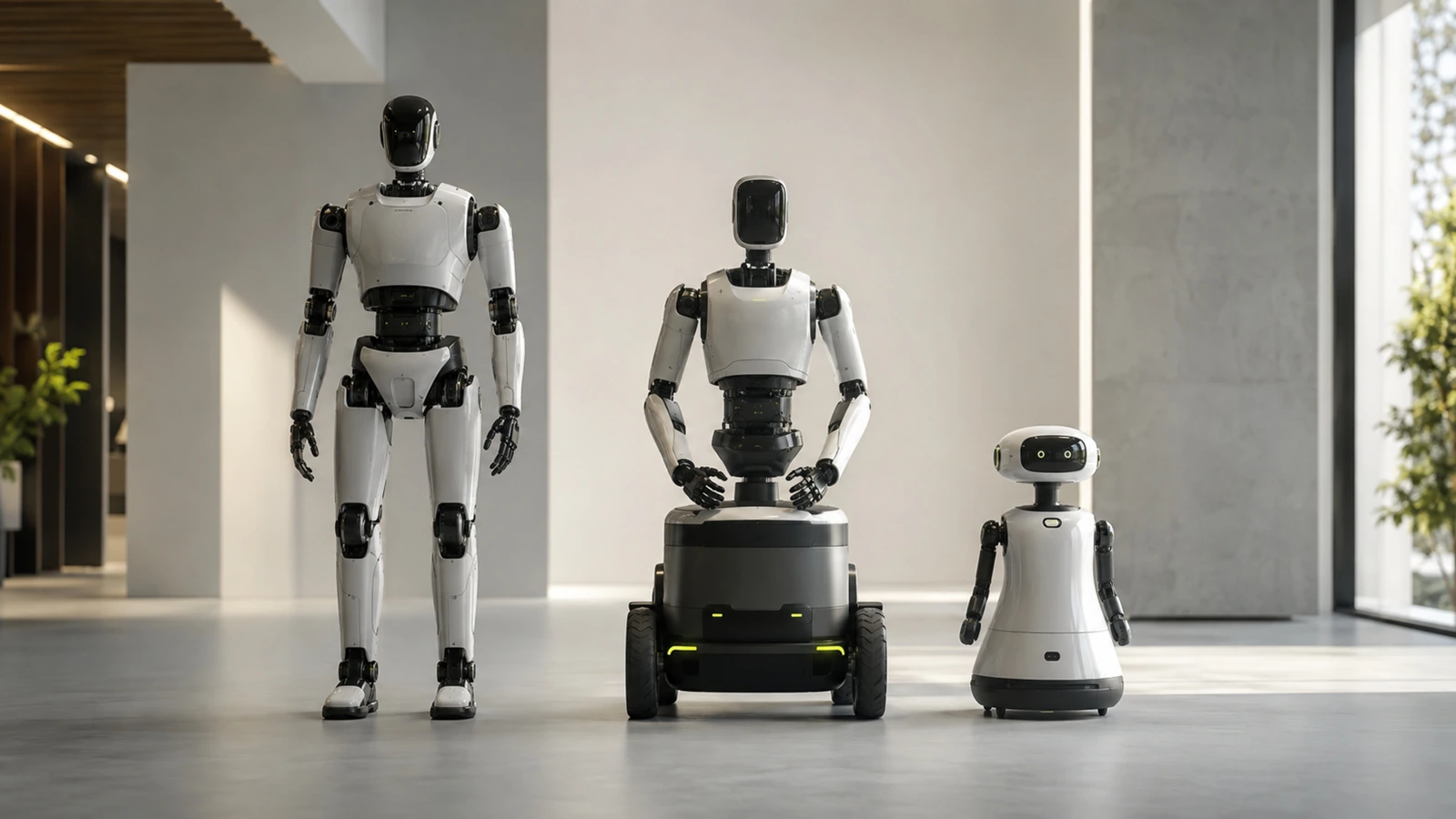 Mehrere unterschiedliche generische Roboter des AgiBot-Typs stehen nebeneinander in einem hellen Showroom