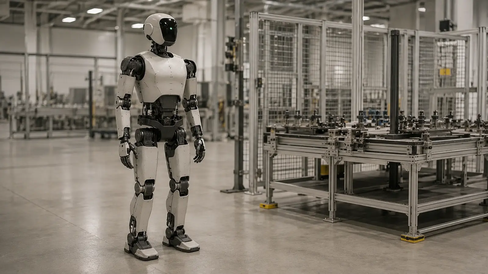 Humanoider Roboter steht in einer Fertigungshalle