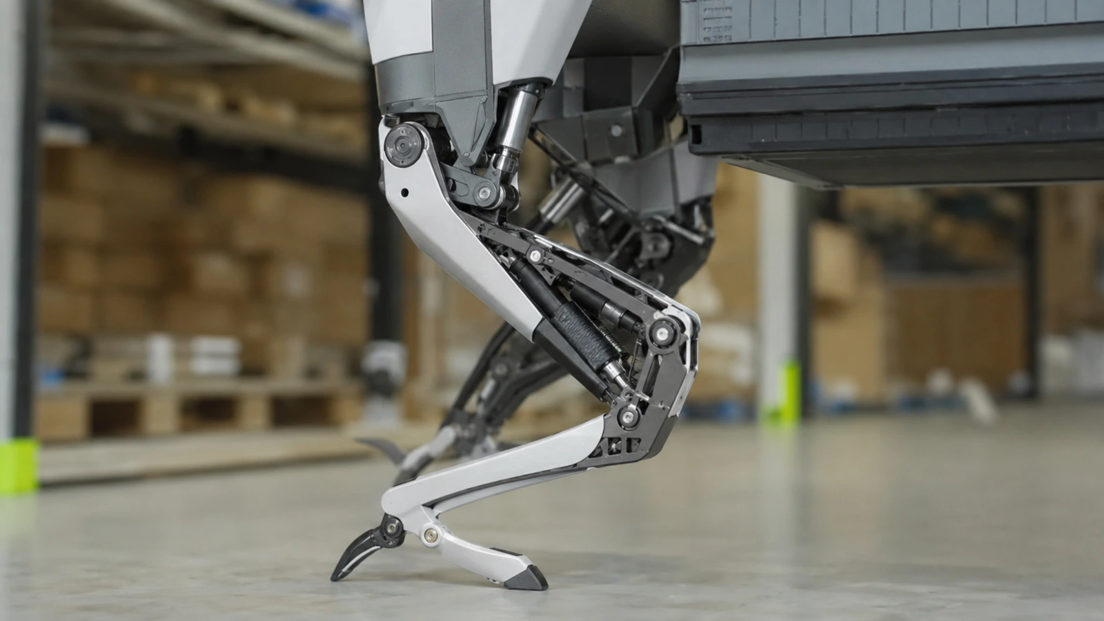 Nahaufnahme des nach hinten gewinkelten Kniegelenks eines Logistikroboters beim Handhaben einer Behälterkante