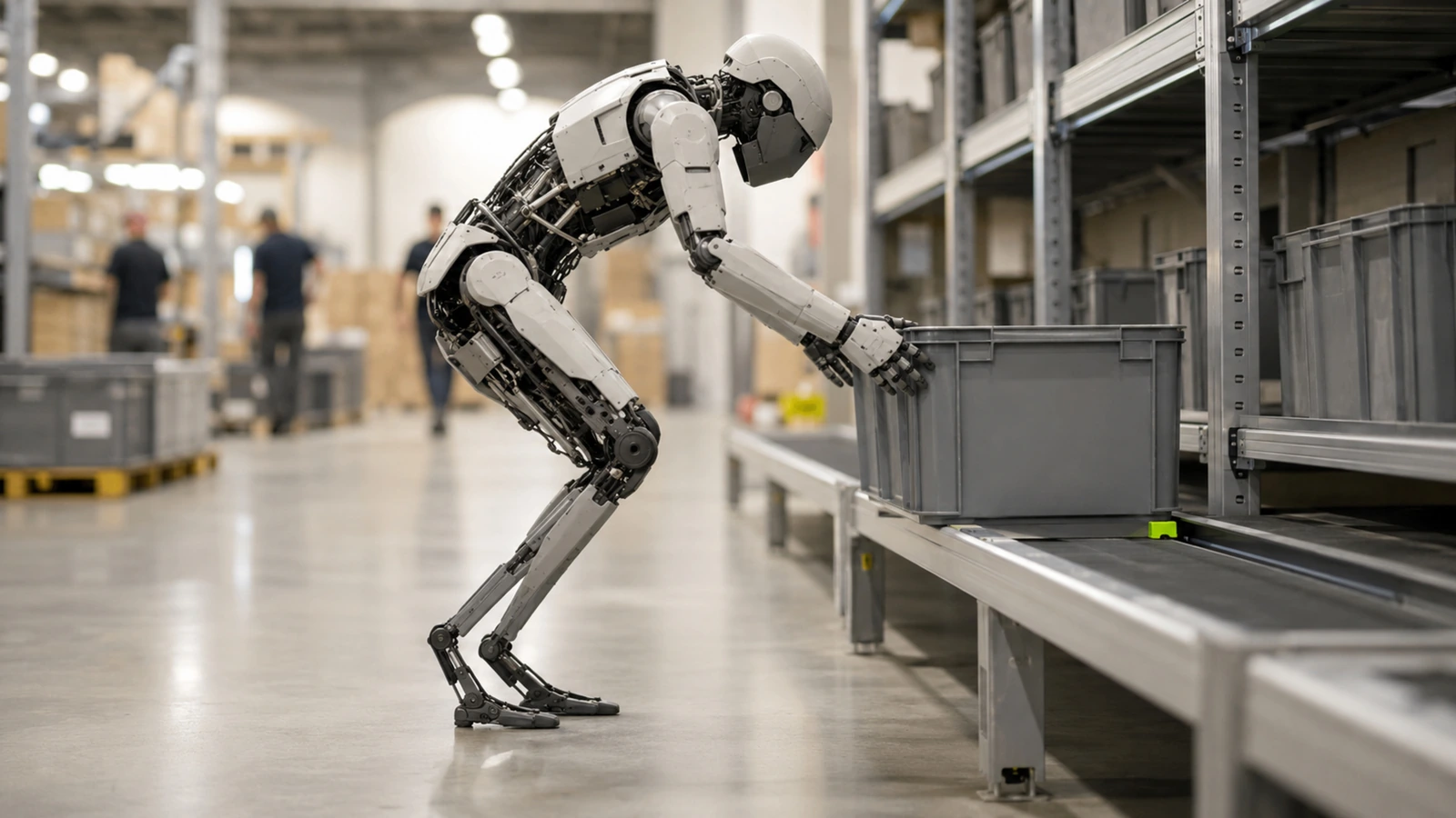Humanoider Roboter stellt eine Box auf ein Förderband, im Hintergrund unscharf eine große Lagerhalle