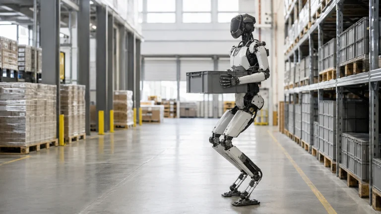 Schlanker Logistik-Humanoid im Stil des Agility Digit hebt eine graue Transportbox in einem hellen Lagergang