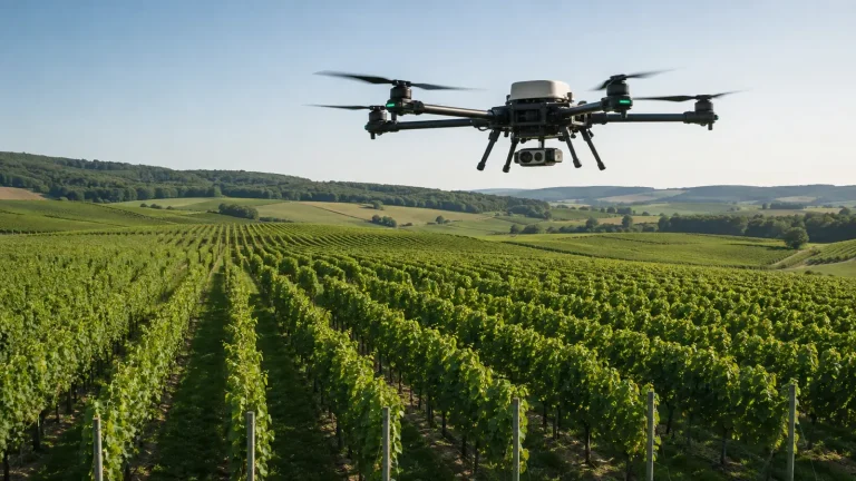Größere Agrardrohne fliegt tief über ein Feld bzw. eine Rebzeile, ländlicher Kontext, klare Sicht.