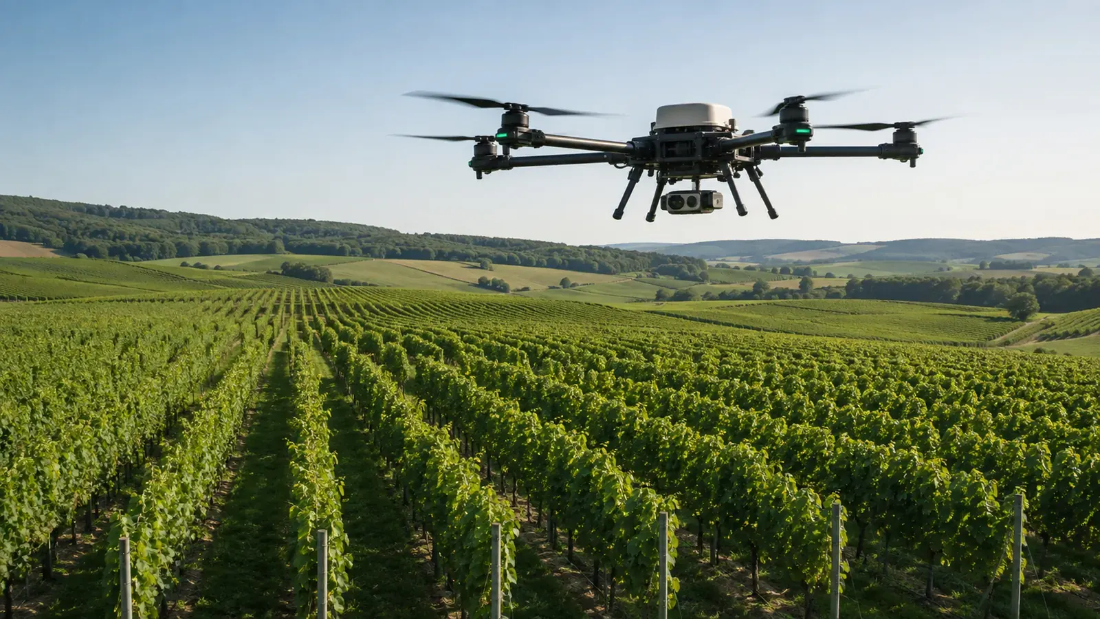 Größere Agrardrohne fliegt tief über ein Feld bzw. eine Rebzeile, ländlicher Kontext, klare Sicht.