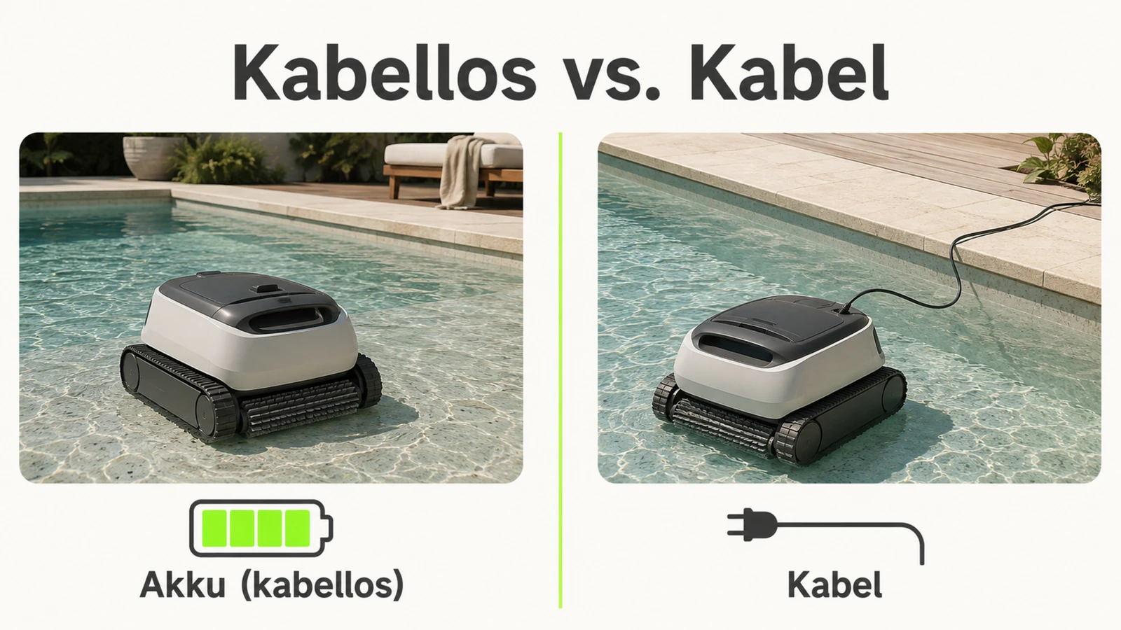 Grafik zum Vergleich: akkubetriebener kabelloser Poolroboter gegenüber kabelgebundenem Modell
