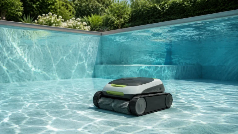 Kabelloser Poolroboter reinigt den Boden eines sauberen, sonnigen Pools