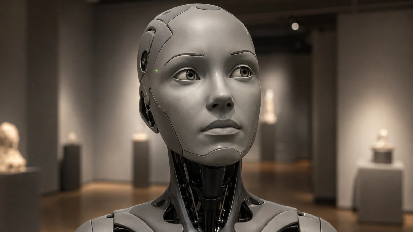 Nahaufnahme eines grauen Roboter-Gesichts mit feiner Mimik und leicht gehobener Braue als Mensch-Maschine-Schnittstelle