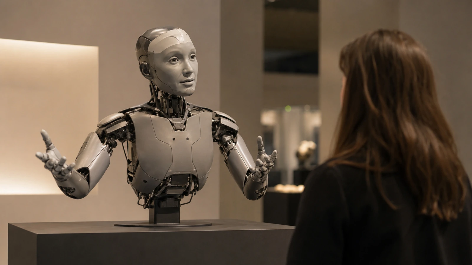 Humanoider Oberkörper-Roboter gestikuliert und wendet sich einem unscharfen Besucher in einer Gesprächsszene zu