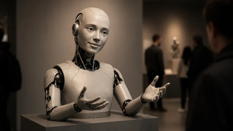 Ausdrucksstarker humanoider Oberkörper im Stil des Ameca-Interfaceroboters gestikuliert auf einem Ausstellungs-Sockel