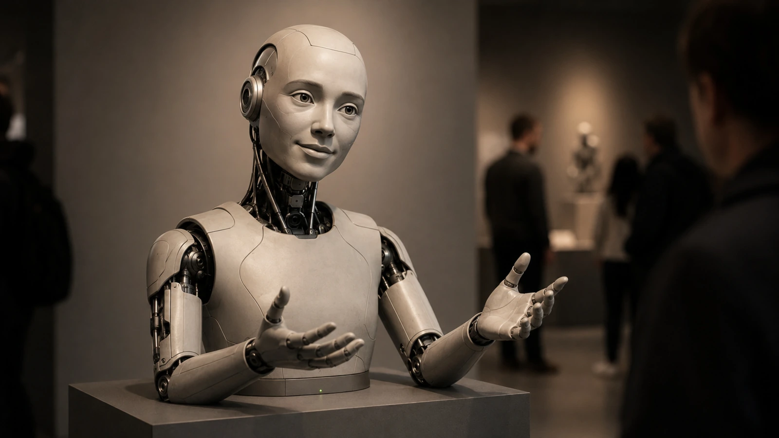 Ausdrucksstarker humanoider Oberkörper im Stil des Ameca-Interfaceroboters gestikuliert auf einem Ausstellungs-Sockel