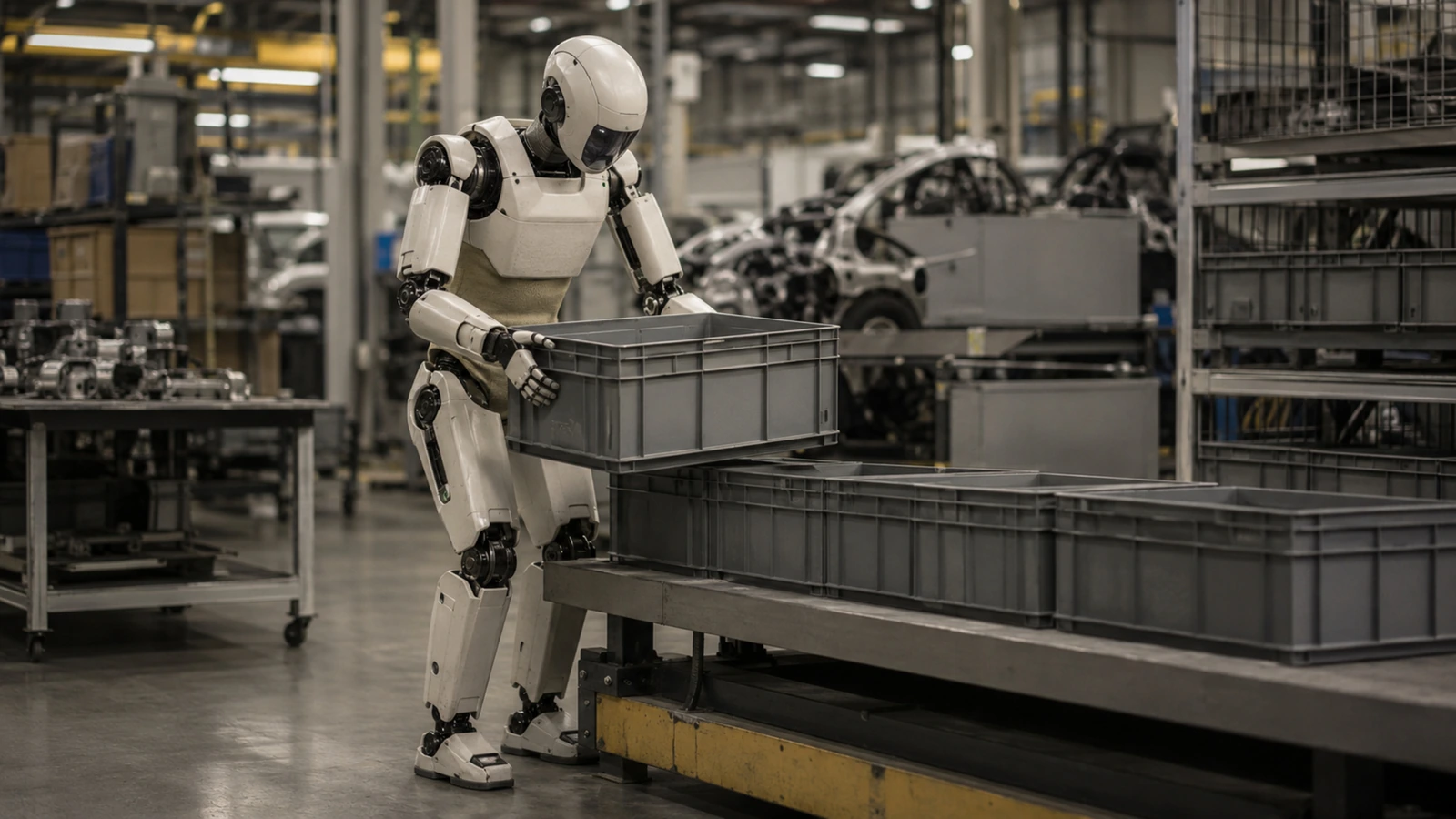 Humanoider Roboter setzt eine Kiste in einer Automobilteile-Umgebung ab, Pilotbetrieb in der Fertigung