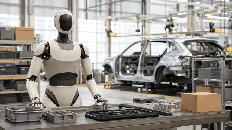 Ruhig-freundlicher humanoider Roboter im Stil des Apptronik Apollo steht aufrecht an einer hellen Logistik-Werkbank