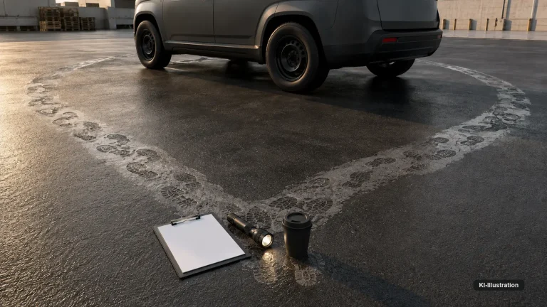 Betriebshof im ersten Morgenlicht. Um ein abgestelltes Fahrzeug herum liegt ein geschlossener Ring nasser Fußabdrücke auf dem Asphalt. Im Vordergrund ein Klemmbrett, eine Taschenlampe und ein Kaffeebecher.