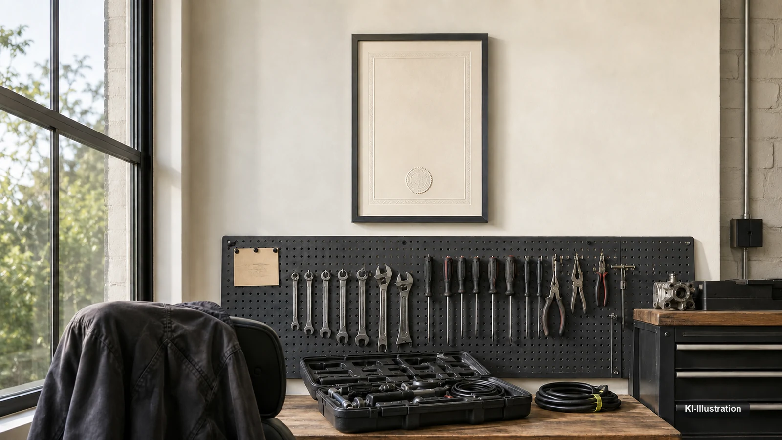 Heller Werkstattraum mit großem Sprossenfenster. An der Wand hängt ein gerahmtes, unbeschriftetes Zeugnis mit Prägesiegel über einer schwarzen Lochwand mit Schraubenschlüsseln und Schraubendrehern. Auf der Werkbank ein geöffneter Werkzeugkoffer, über dem Stuhl eine Arbeitsjacke.