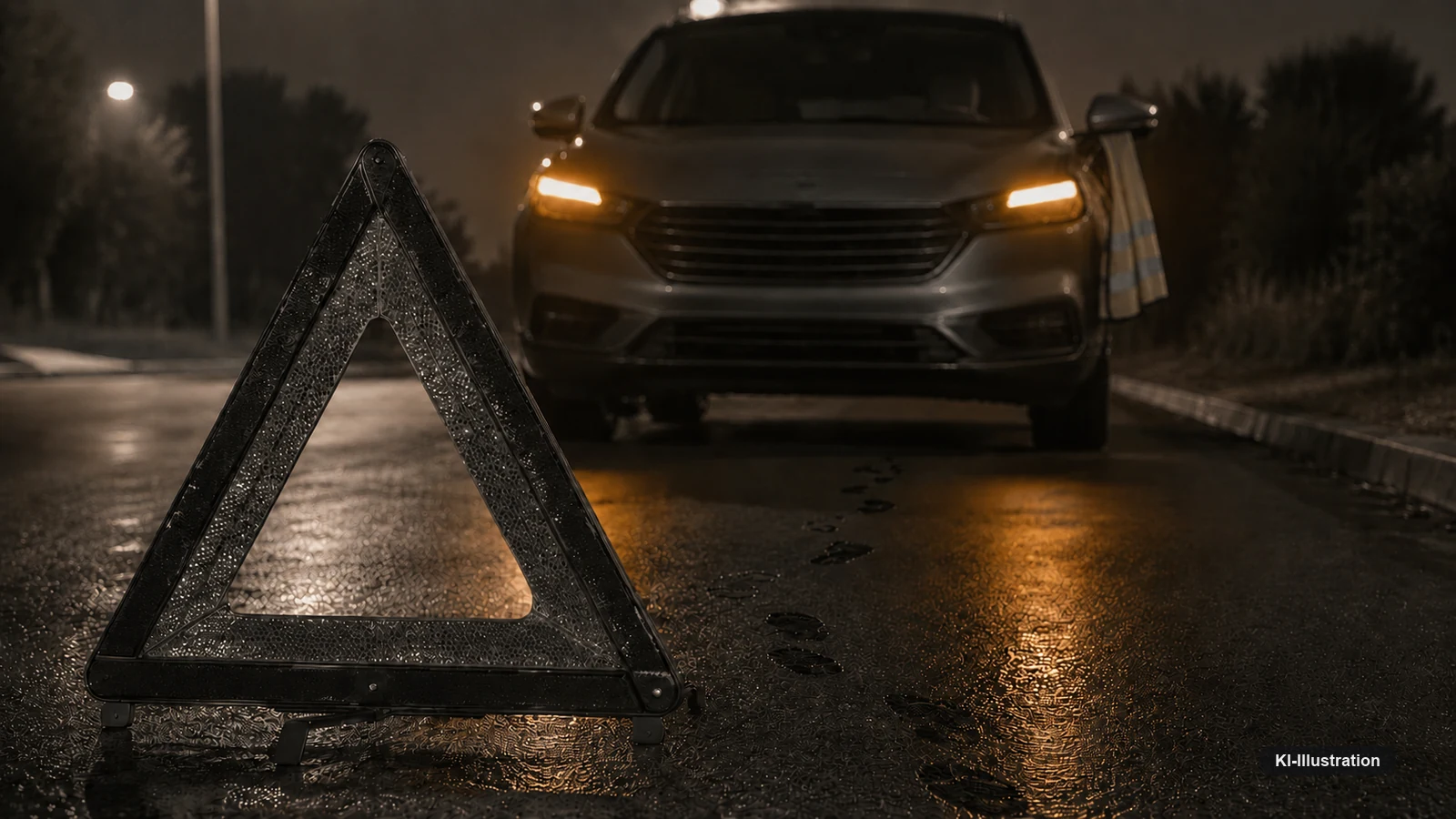 Nasse Straße bei Nacht. Im Vordergrund ein aufgestelltes Warndreieck, dahinter ein hell lackiertes Fahrzeug mit eingeschalteter Warnblinkanlage am Fahrbahnrand. Über dem Außenspiegel hängt ein helles Kleidungsstück mit Reflexstreifen. Auf dem Asphalt führt eine Spur nasser Fußabdrücke vom Warndreieck zum Fahrzeug.