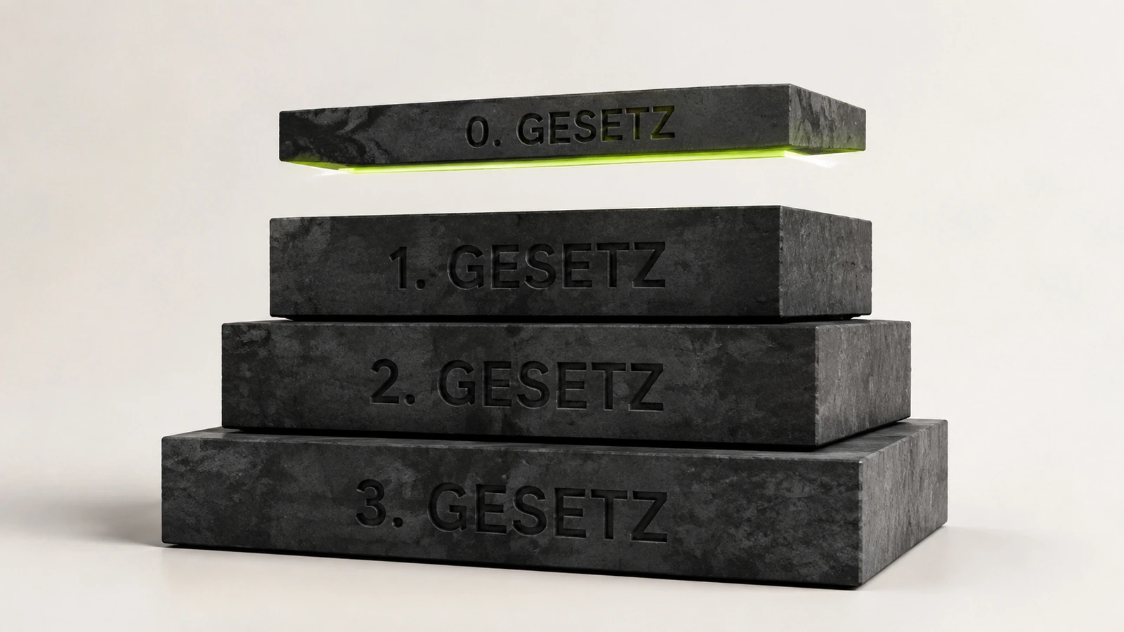 Infografik: die drei Robotergesetze und das übergeordnete Nullte Gesetz als Kaskade.