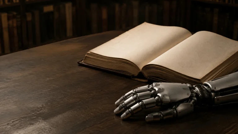 Aufgeschlagenes Buch neben einer anonymen humanoiden Roboterhand in warmem Bibliothekslicht.