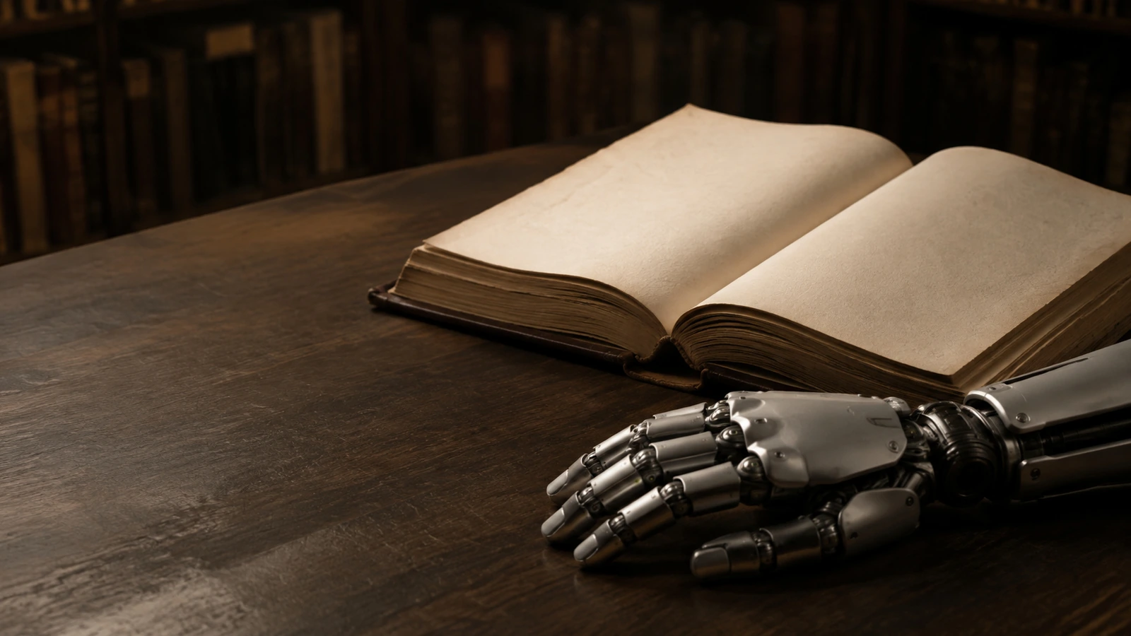 Aufgeschlagenes Buch neben einer anonymen humanoiden Roboterhand in warmem Bibliothekslicht.