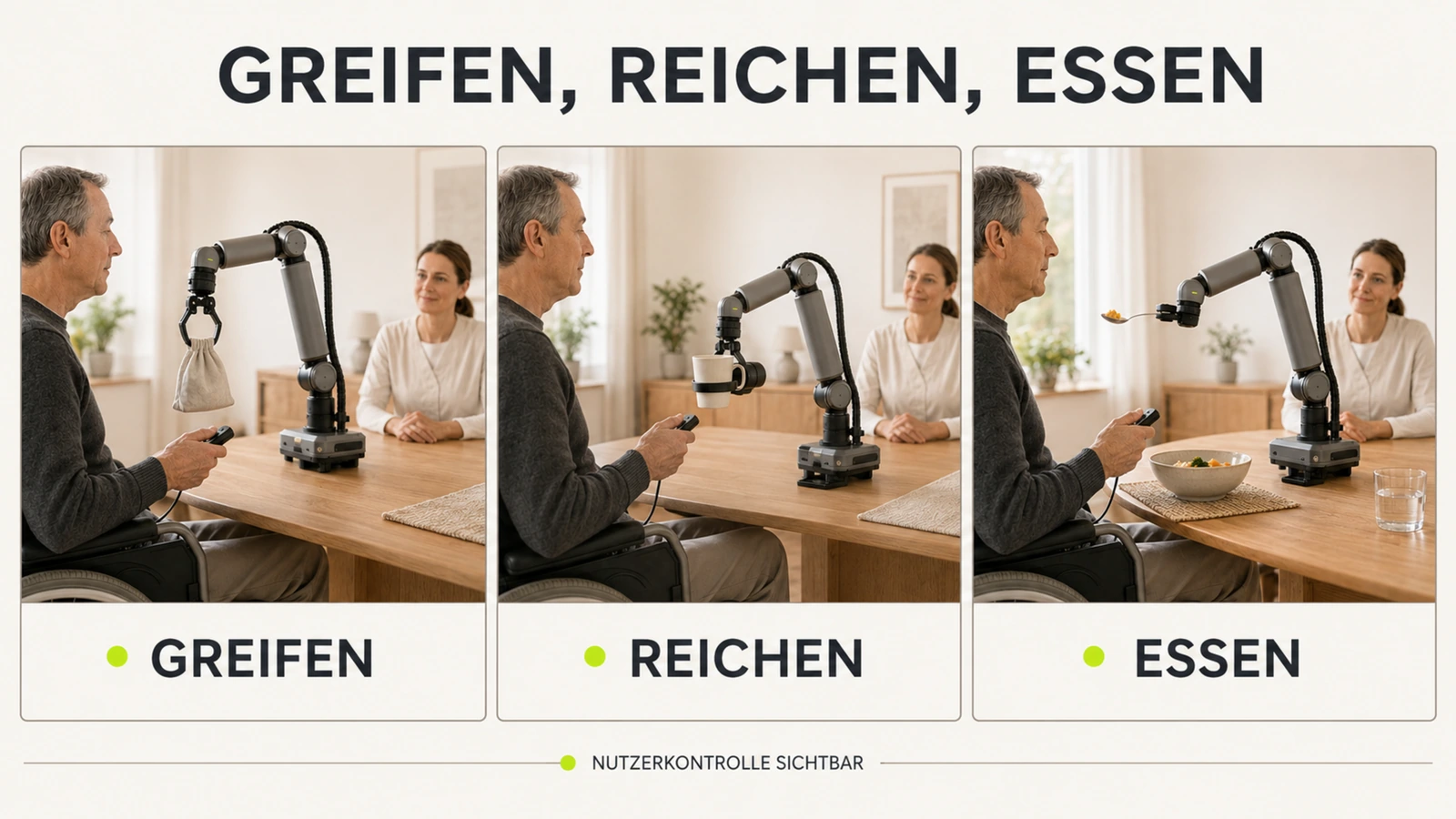 Löffel-Assistenzarm führt eine Portion behutsam zum Mund, respektvolle Essassistenz