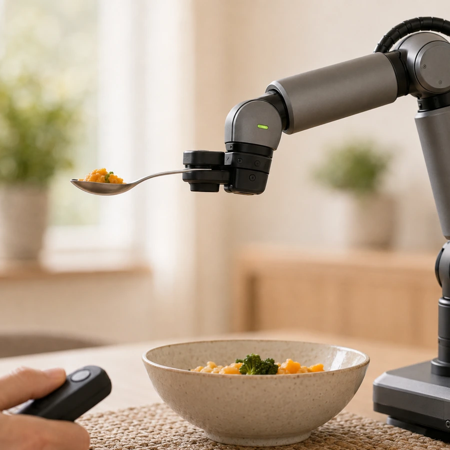 Close-up der Löffel- und Greiferspitze eines Assistenzroboters