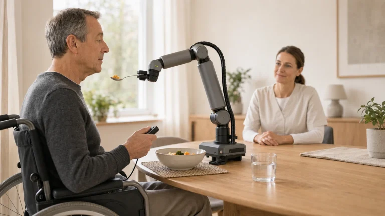 Ess-Assistenzroboter mit Löffelarm hilft einer Person am Esstisch, würdevolle warme Szene