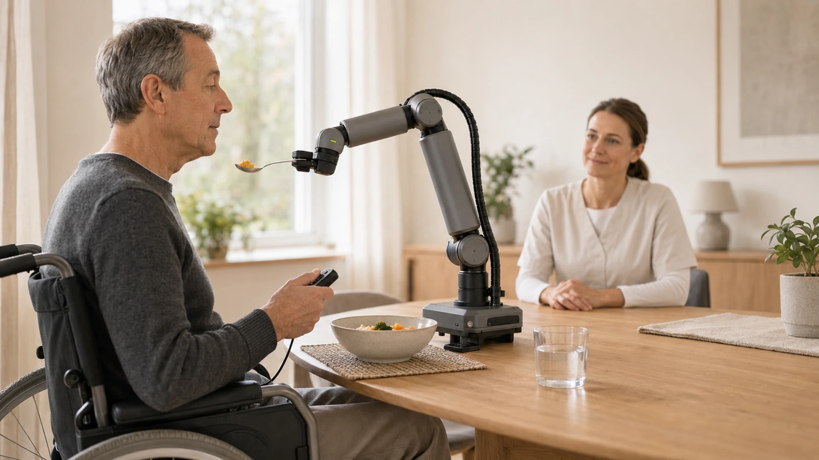 Ess-Assistenzroboter mit Löffelarm hilft einer Person am Esstisch, würdevolle warme Szene