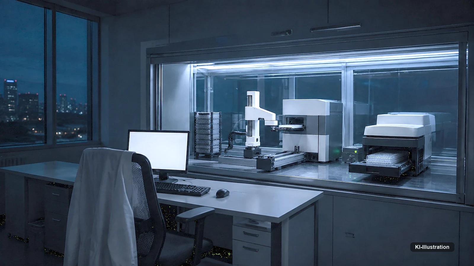 Laborautomationszelle bei Nacht, beleuchtet von ihrer Innenbeleuchtung, einer grünen Statusleuchte und einem Monitor, die Arbeitsplätze davor sind leer