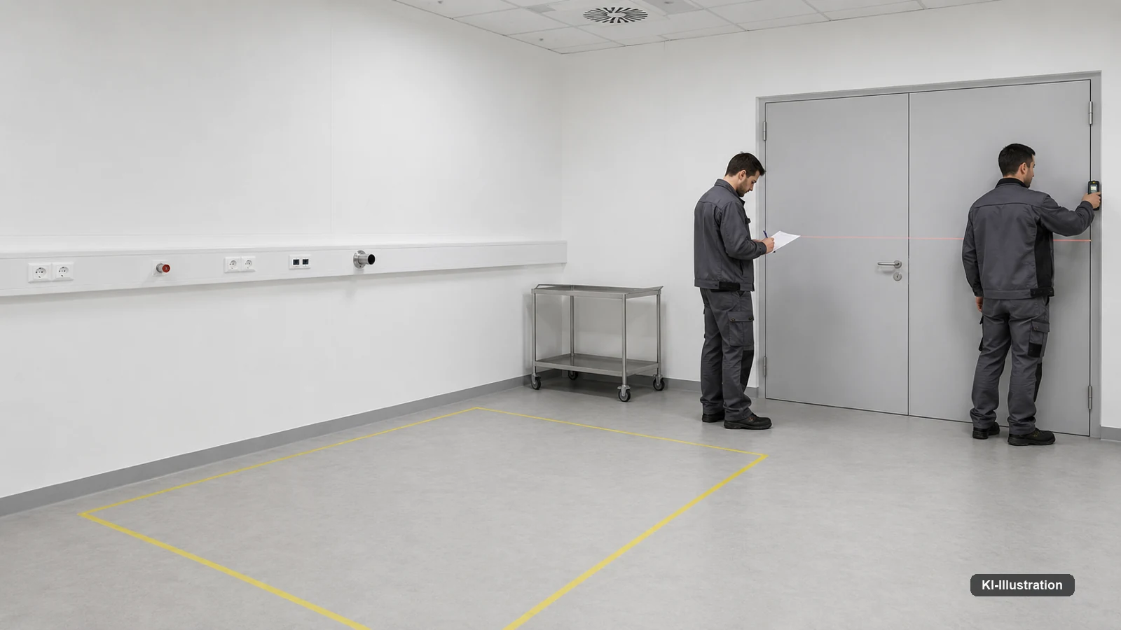 Leerer Laborraum mit freigelegter Medienleiste, Bodenmarkierung für eine Stellfläche und einer Person, die eine Türbreite misst