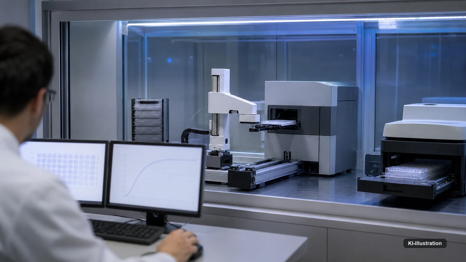 Roboterarm setzt hinter einer Schutzscheibe eine Mikrotiterplatte in ein Analysegerät um, im Vordergrund eine Person am Bildschirm