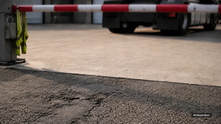 Werktor mit rot-weißer Schranke im Gegenlicht. An der Schrankensäule hängt eine Warnweste. Dahinter steht ein Lkw auf hellem Betonboden, davor endet der Asphalt der öffentlichen Straße an einer sichtbaren Fuge.
