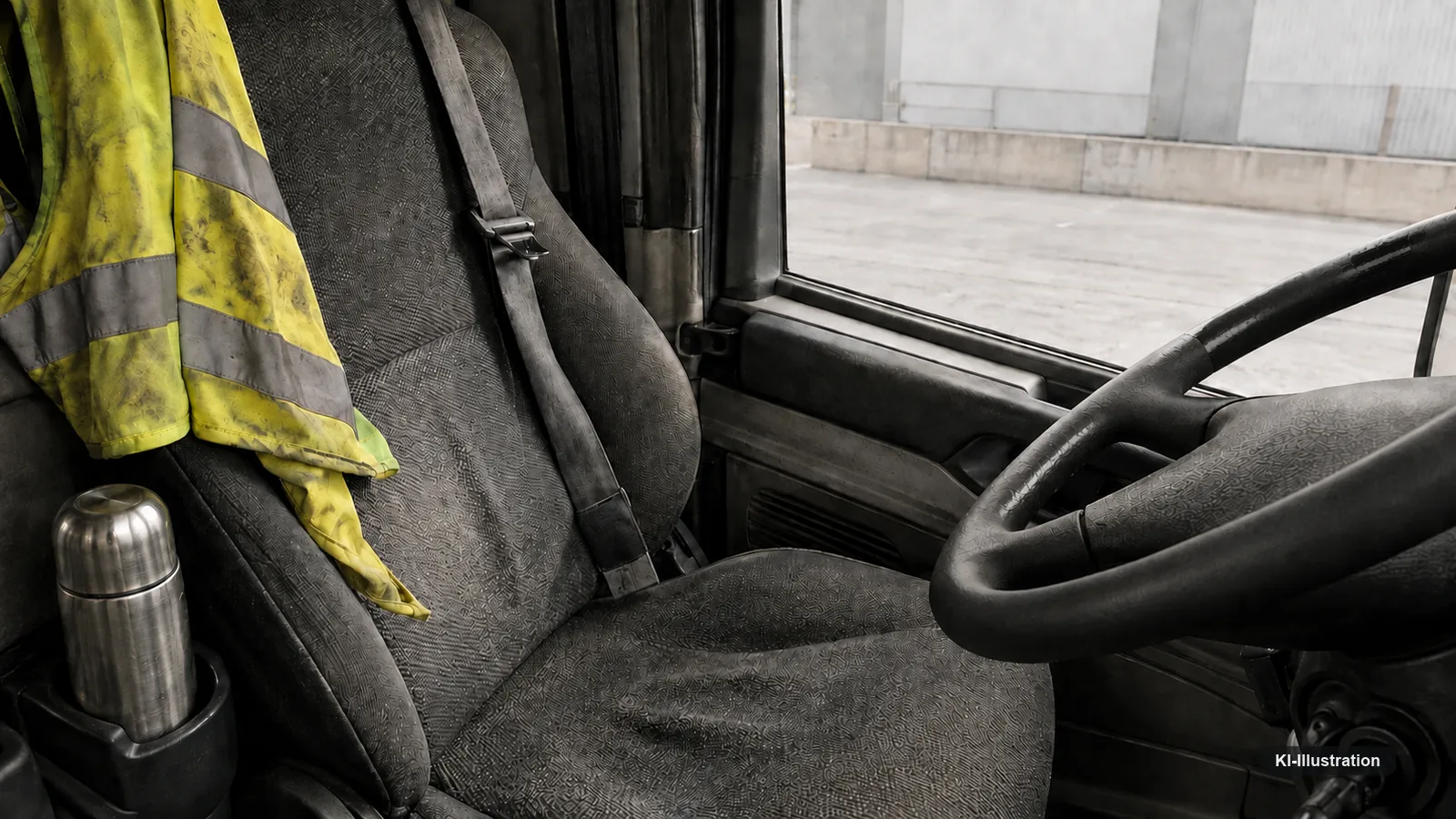Blick in ein Lkw-Fahrerhaus von der Beifahrerseite. Der Fahrersitz ist leer, aber erkennbar in Benutzung: eine Warnweste hängt über der Rückenlehne, in der Halterung steht eine Thermoskanne. Rechts das Lenkrad, durch die Seitenscheibe ein Betriebshof.