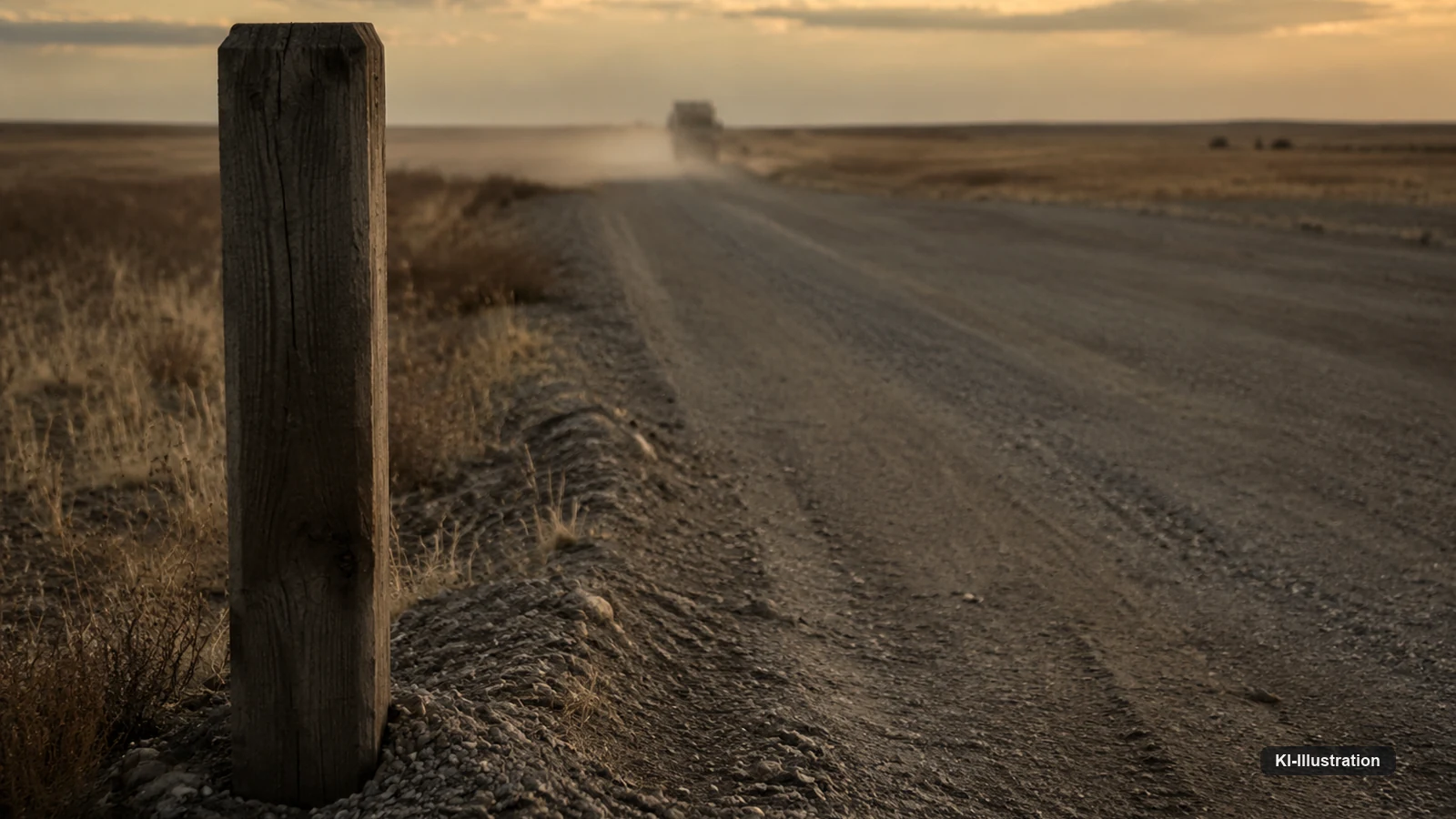 Unbefestigter Schotterweg durch flaches, trockenes Grasland im Abendlicht. Links im Vordergrund ein verwitterter Holzpfosten am Wegrand, in der Ferne ein Lkw in einer Staubfahne. Kein Gegenverkehr, keine Fahrbahnmarkierung, keine Beschilderung.