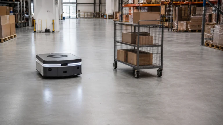 Autonomer mobiler Roboter fährt frei durch eine offene Halle und weicht einem Trolley sichtbar aus