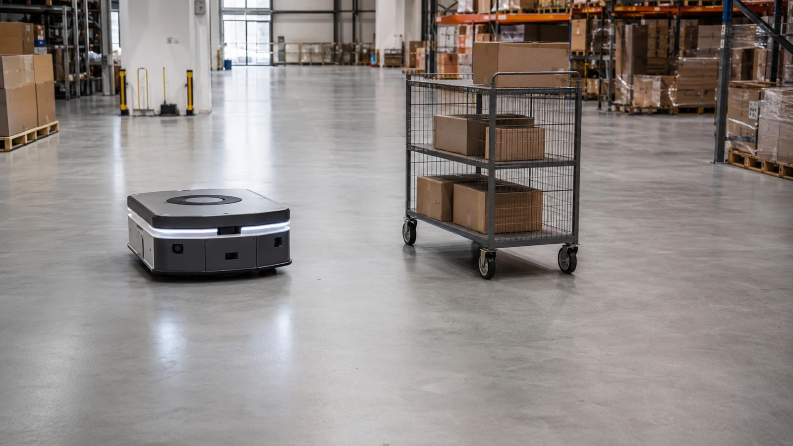 Autonomer mobiler Roboter fährt frei durch eine offene Halle und weicht einem Trolley sichtbar aus