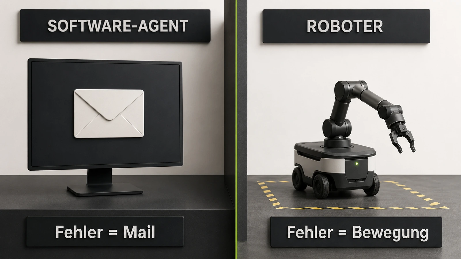 Infografik: ein Software-Agent verschickt eine Mail, ein Roboter bewegt sich.