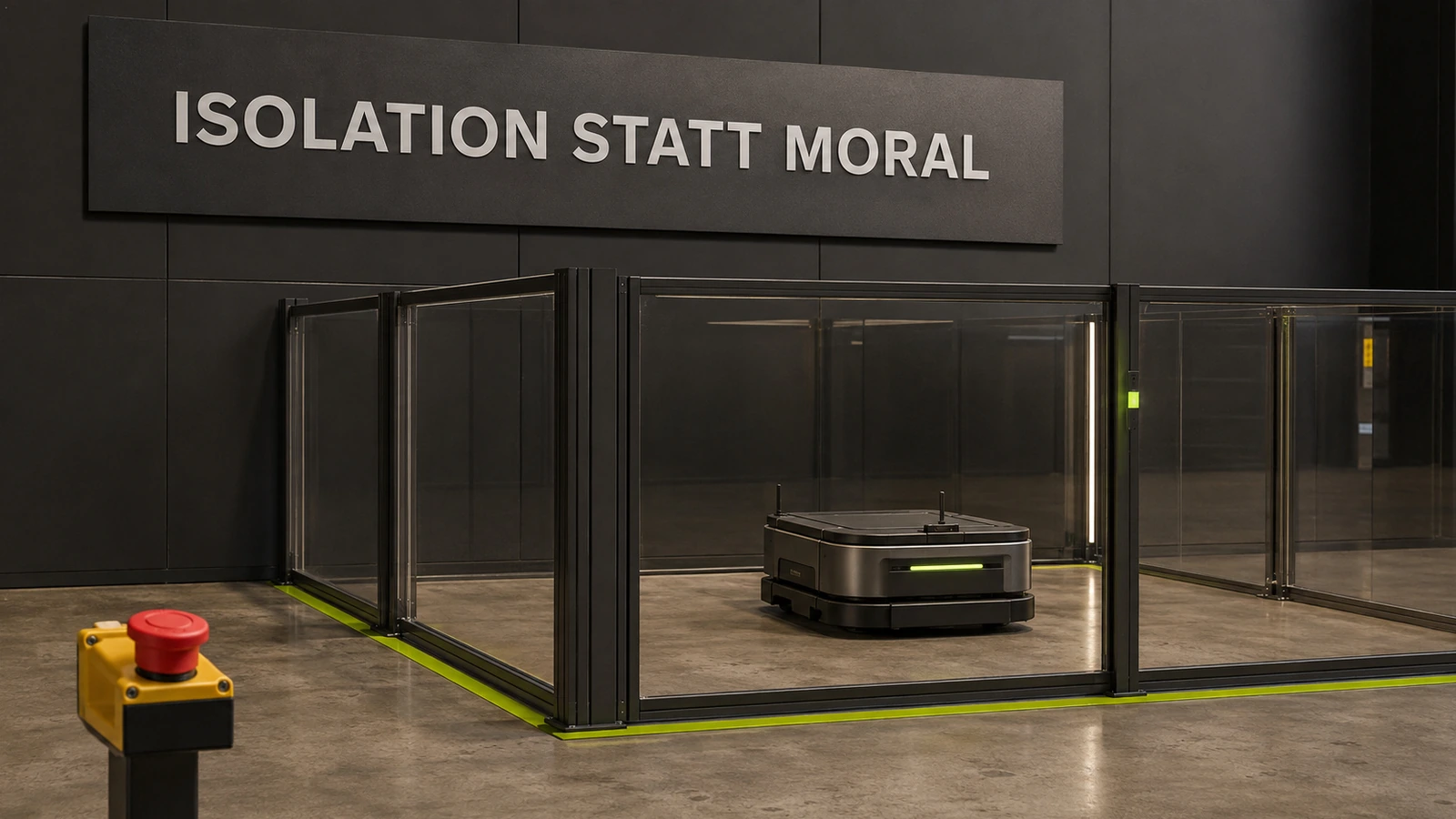 Infografik: generischer Roboter in Schutzzone mit Not-Halt als Sinnbild für Isolation statt Moral.