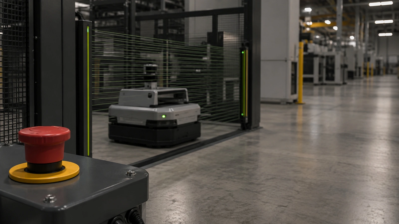 Generischer mobiler Roboter hinter Sicherheits-Lichtschranke mit rotem Not-Halt-Taster im Vordergrund.