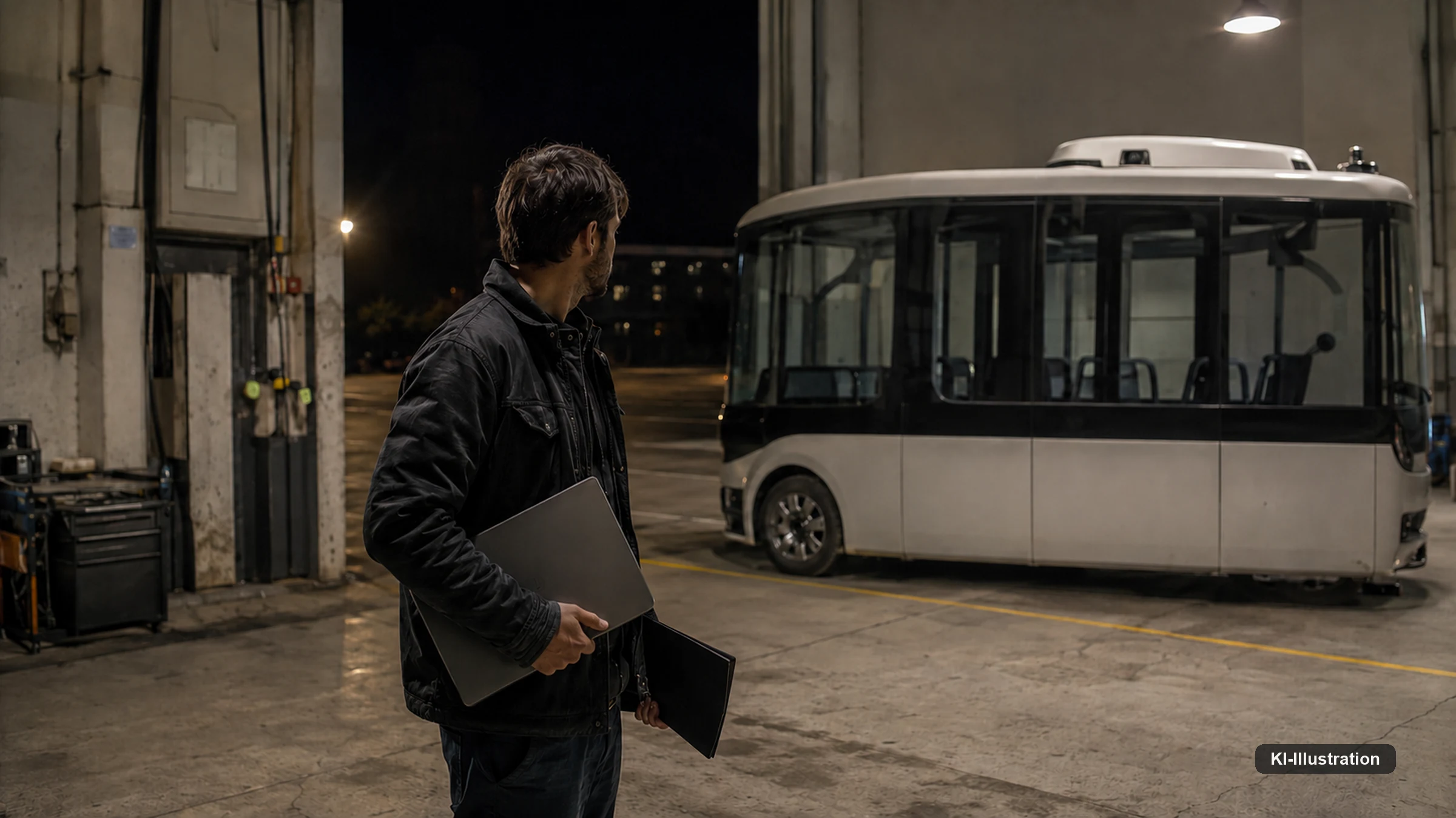 Nachts in einer Werkstatthalle: ein Techniker mit Laptop steht vor einem wartenden Fahrzeug.