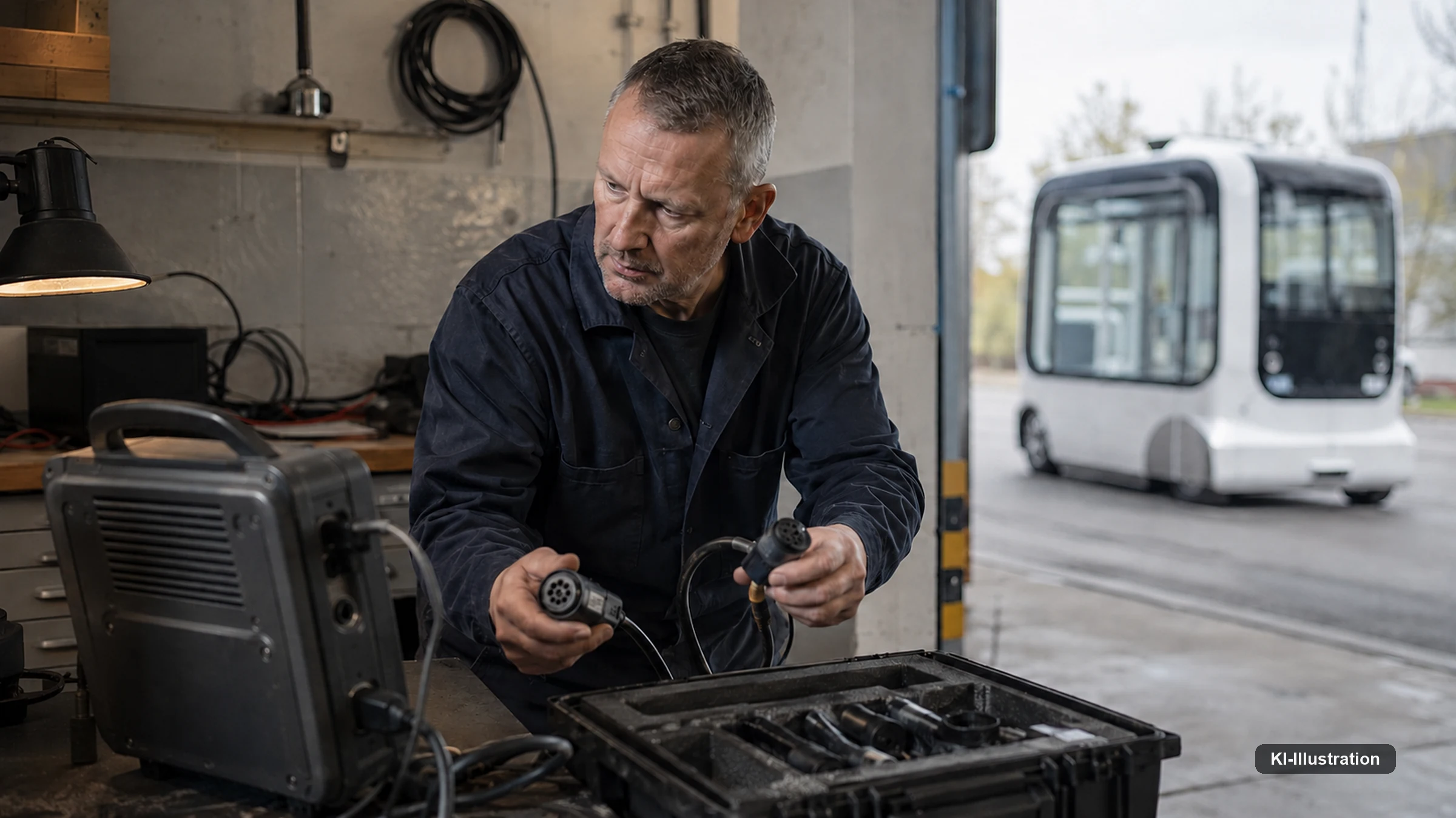 Ein Mechaniker hält zwei nicht zueinander passende Diagnosestecker nebeneinander, daneben ein Werkzeugkoffer.